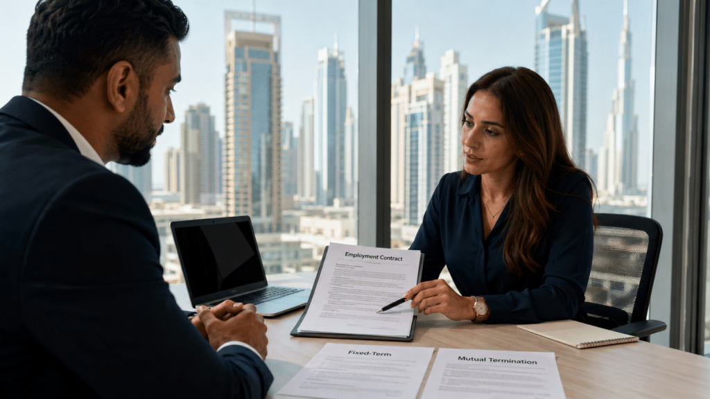 Two businesspeople review an employment contract in a high-rise office with city skyline views