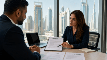 Two businesspeople review an employment contract in a high-rise office with city skyline views