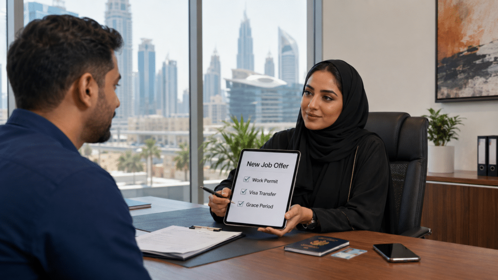 Woman in a black hijab presents a tablet listing new job offer steps during an office meeting