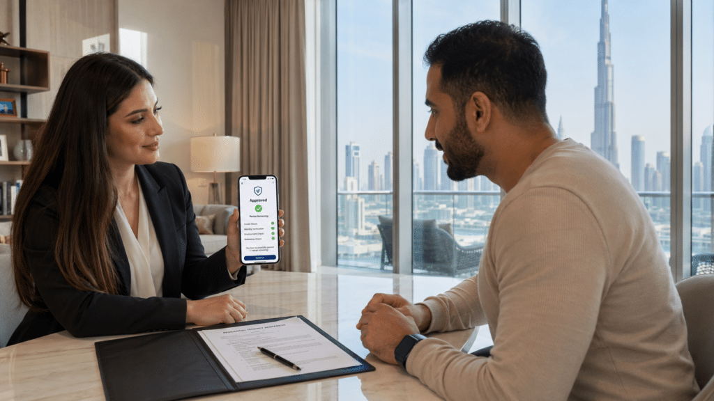 Woman showing a man an approved rental screening result on her phone in a modern apartment with a city skyline outside