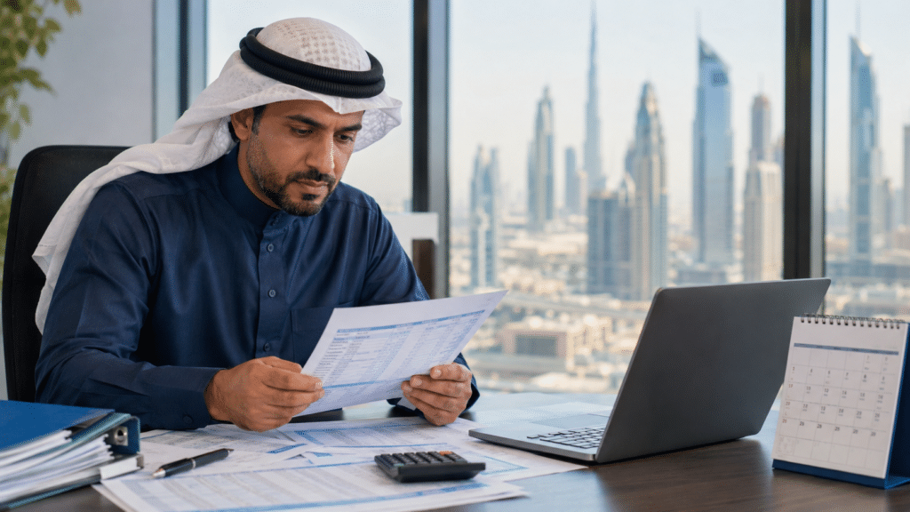 Man in traditional Middle Eastern attire reviewing UAE Salary Deadline paperwork at a desk with a laptop and city skyline behind him