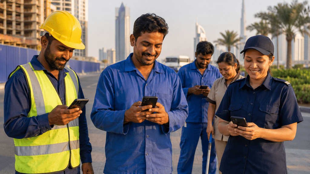 Construction workers in blue uniforms and a hard hat check their phones outdoors with a city skyline behind them