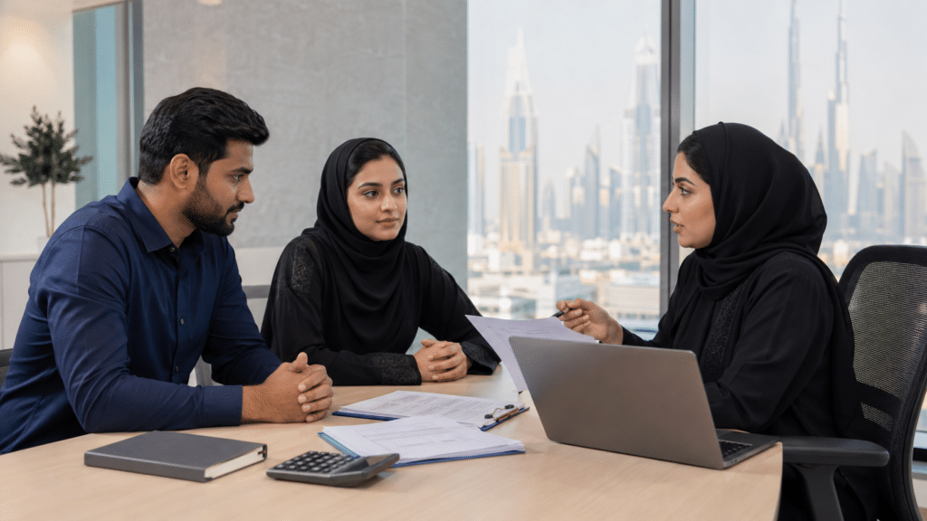 Three coworkers in a meeting, with a woman presenting documents beside a laptop in a modern office