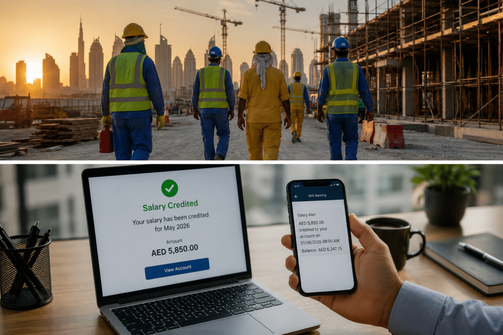 Construction workers in safety gear at a city site, with a laptop and phone showing a UAE Salary Deadline credited alert