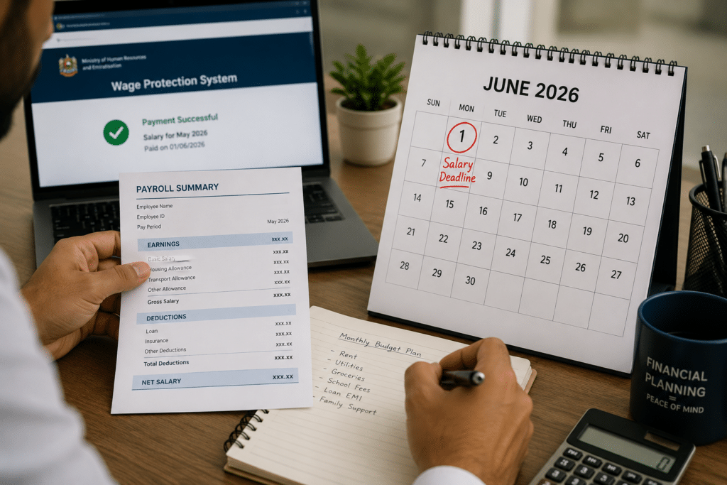 Person reviewing a UAE Salary Deadline payroll summary and June 2026 salary deadline calendar while planning a monthly budget