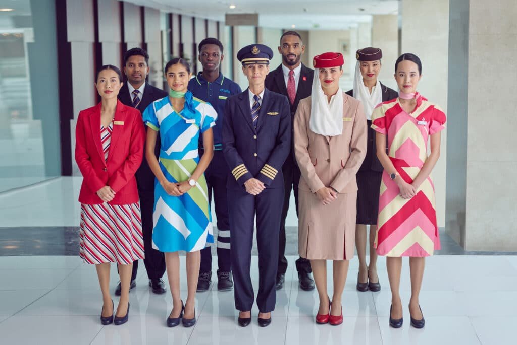 A diverse group of airline crew members, including pilots and flight attendants, in colorful uniforms standing in a hallway.