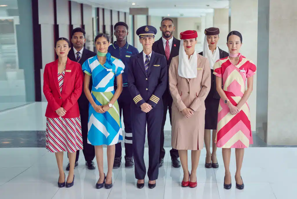A diverse group of airline crew members, including pilots and flight attendants, in colorful uniforms standing in a hallway.