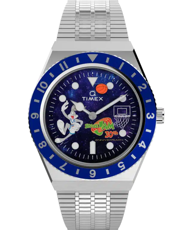 A silver ‘Space Jam’ X Q Timex Watch with a blue bezel featuring Bugs Bunny and the Space Jam logo.