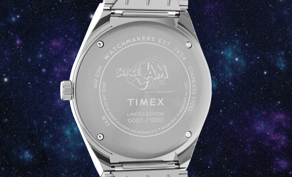 A stainless steel ‘Space Jam’ X Q Timex Watch back engraved with
