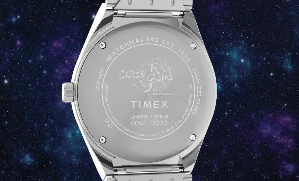 A stainless steel ‘Space Jam’ X Q Timex Watch back engraved with