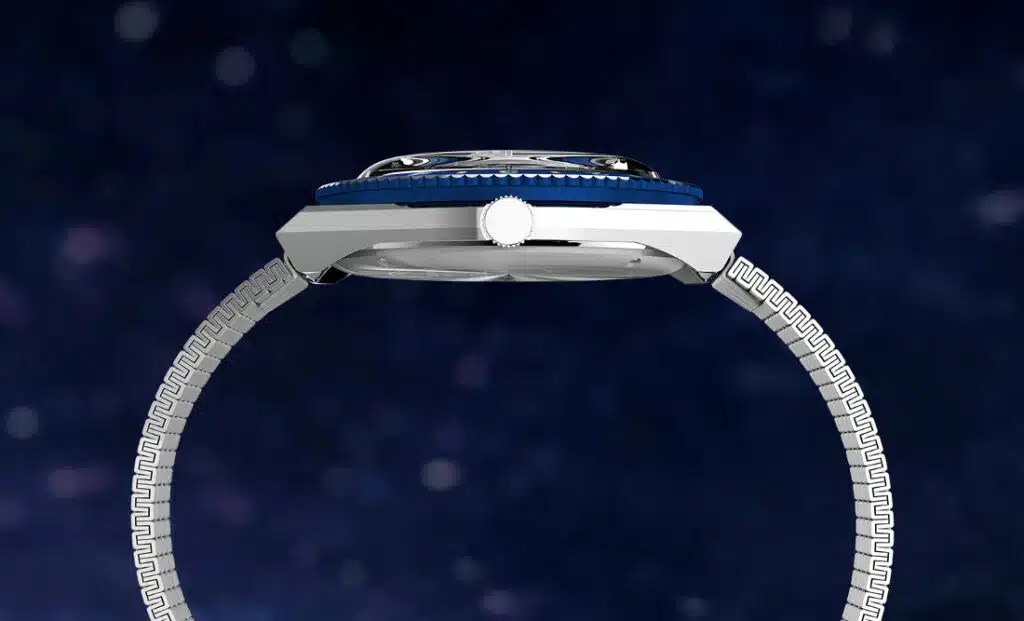 A silver wristwatch with a blue bezel and intricate band, displayed against a dark, starry background.