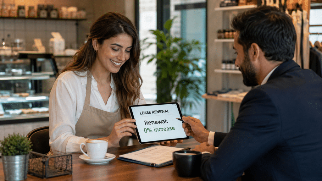 Woman in an apron shows a tablet with Abu Dhabi Rent Freeze lease renewal terms to a man in a cafe