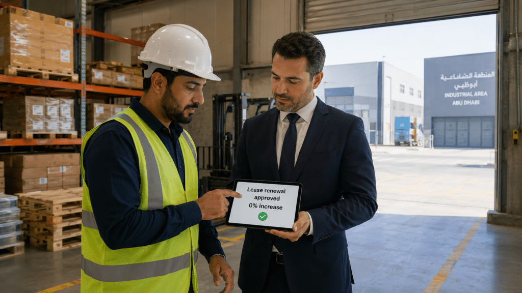 Warehouse worker and businessman reviewing a tablet showing Abu Dhabi Rent Freeze lease renewal approved, 0% increase