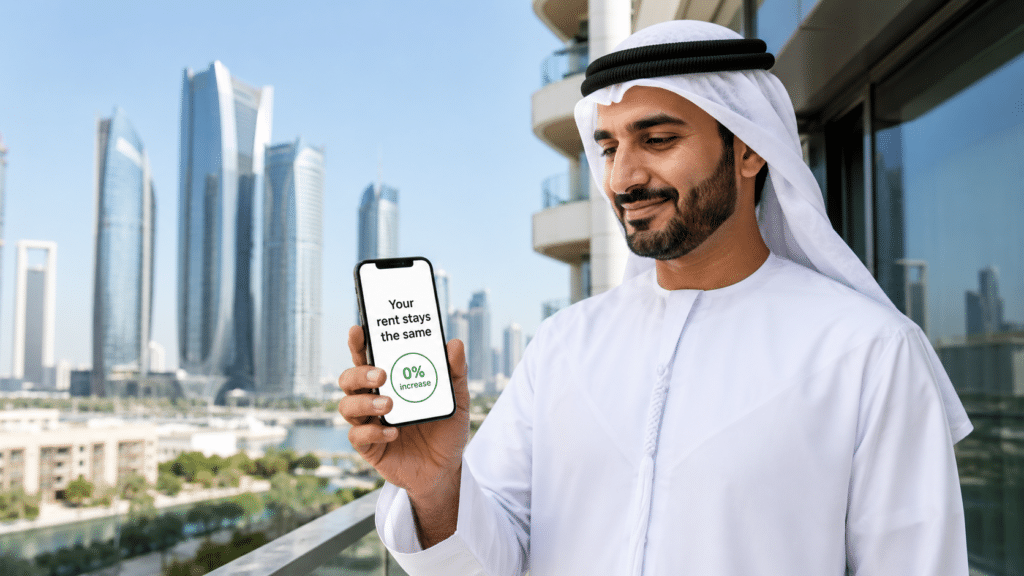 Man in traditional white robe holds a phone showing “Your rent stays the same” and “0% increase” with a city skyline behind him