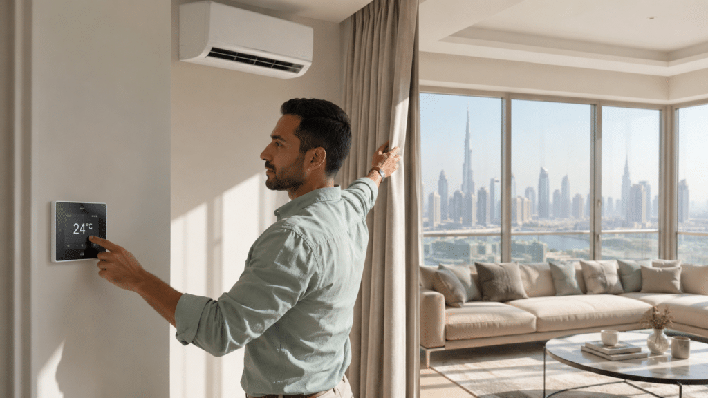 Man adjusting a wall thermostat in a modern living room with a city skyline view