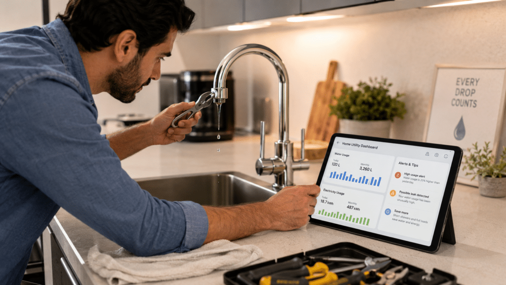 Man fixing a leaky kitchen faucet while checking water usage alerts on a tablet