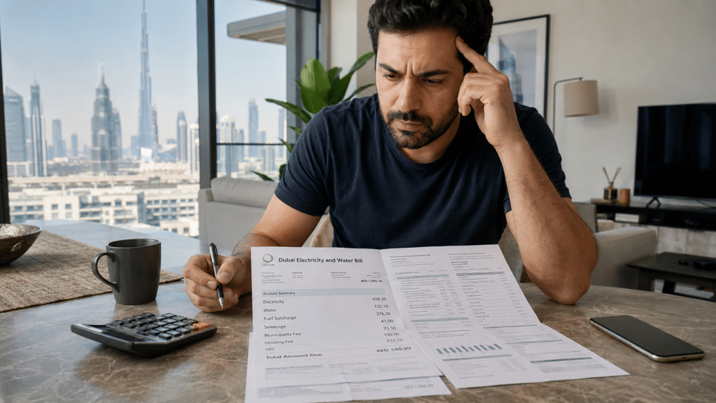 Man looking worried at a Dubai electricity and water bill while holding a pen at a table with calculator and phone