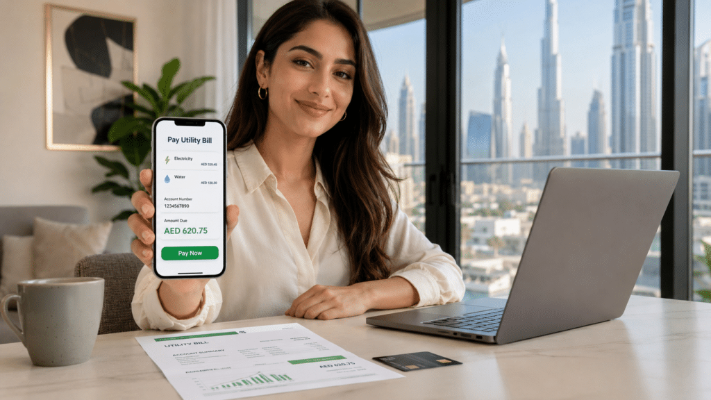 Woman at a desk holding a phone showing utility bill payment details beside a laptop and bill in a modern apartment