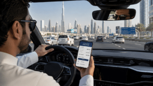 Driver in a car views a traffic fines payment screen on his phone, with Dubai skyline ahead