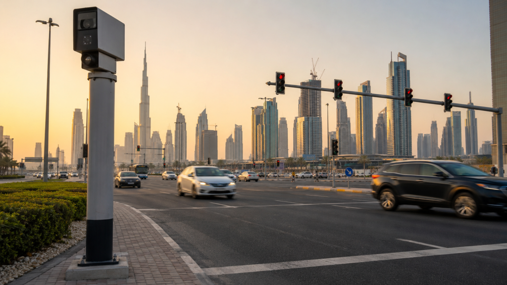Busy city intersection at sunset with red traffic lights, cars, and the Burj Khalifa skyline in the background