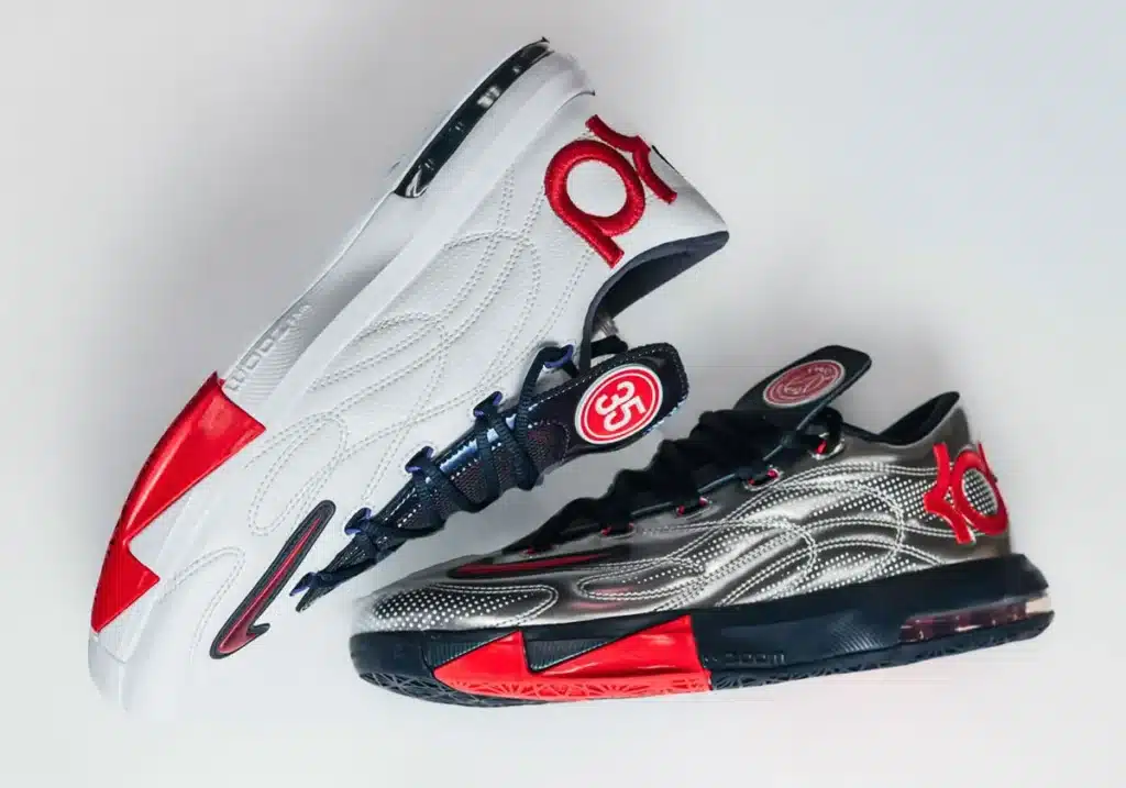 Kevin Durant Reveals the Paris Saint-Germain x Nike KD 6 Two basketball shoes, one white and red and one black and silver, displayed on a white background