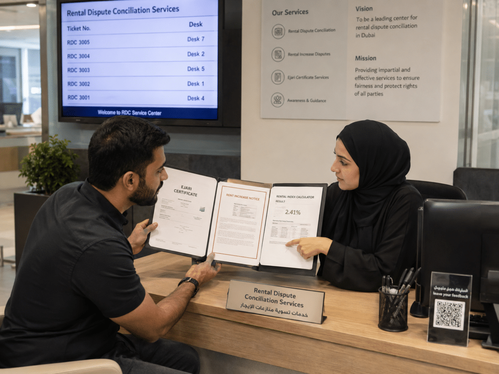 Two people discuss RERA Rent Calculator dispute documents at a service desk in an office, with a queue screen and signage behind them