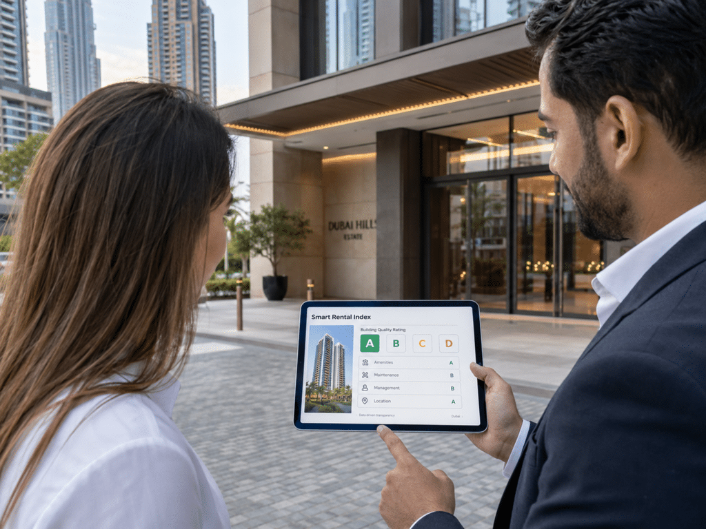 Two businesspeople review a tablet showing a smart RERA Rent Calculator index outside a high-rise building