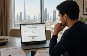 Man reviewing a Dubai rental increase calculator on a laptop beside tenancy renewal documents and a skyline view