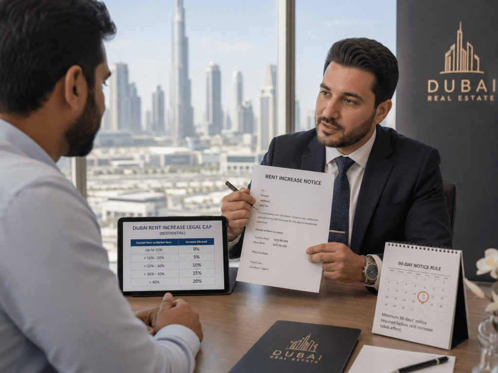 Real estate agent discussing a rent increase notice and legal cap in a Dubai office with skyline view