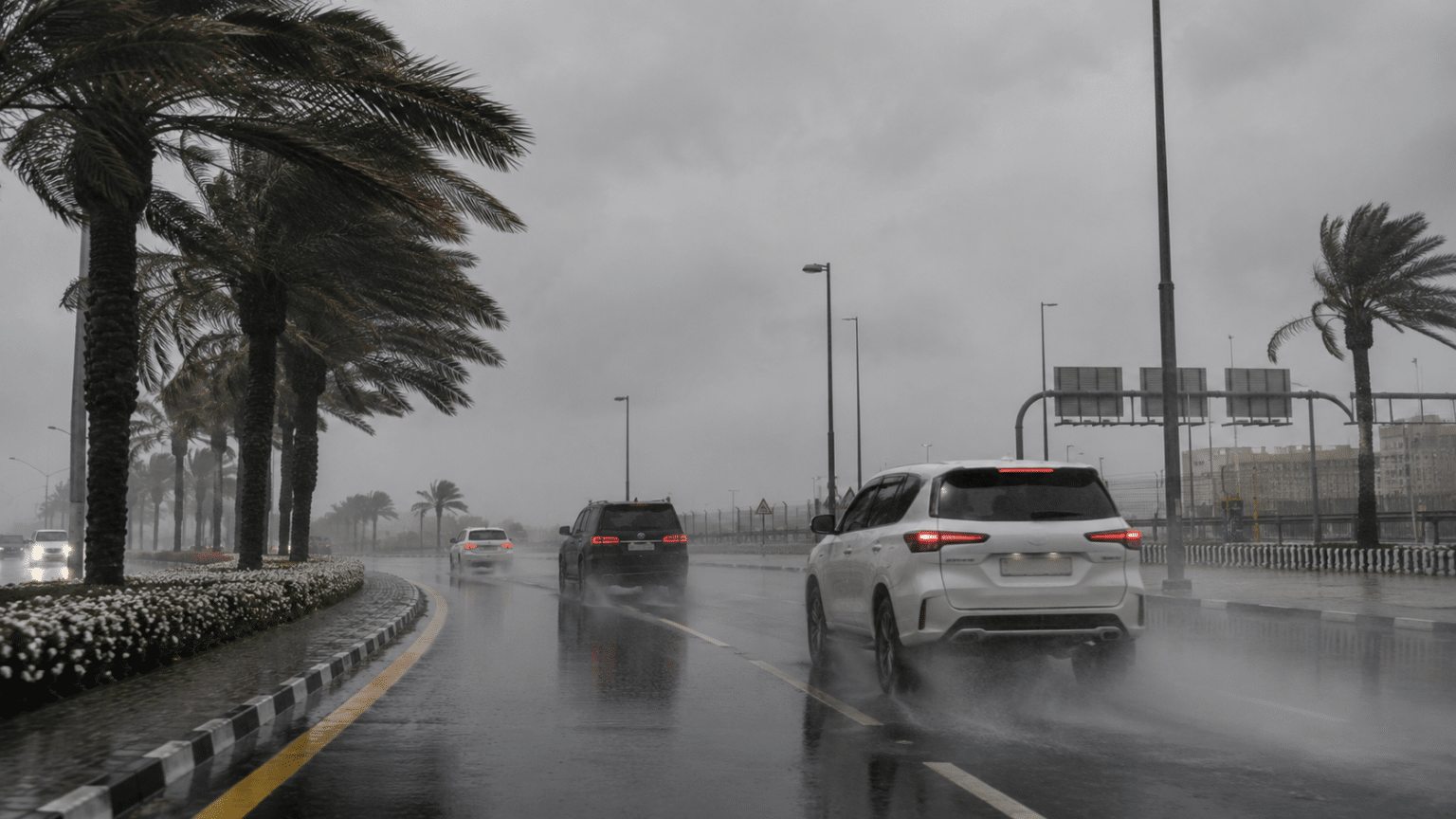 Cars driving on a rainy palm-lined road with spray and low visibility