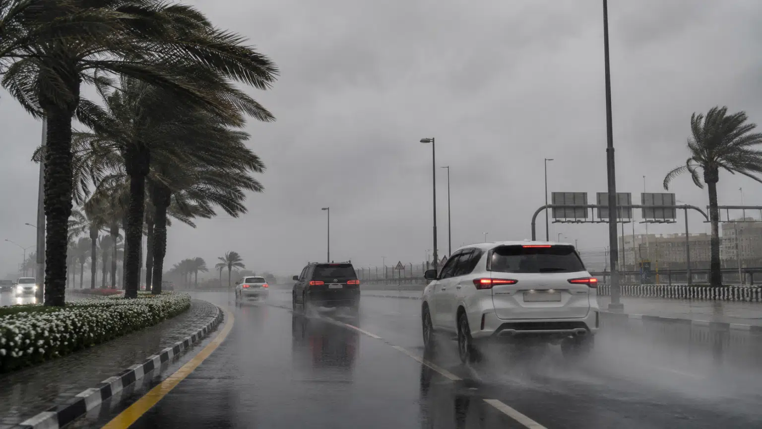 Cars driving on a rainy palm-lined road with spray and low visibility