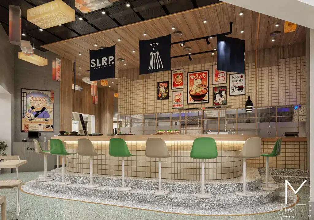 Modern Japanese ramen restaurant interior with a curved bar, green and white stools, and colorful wall art