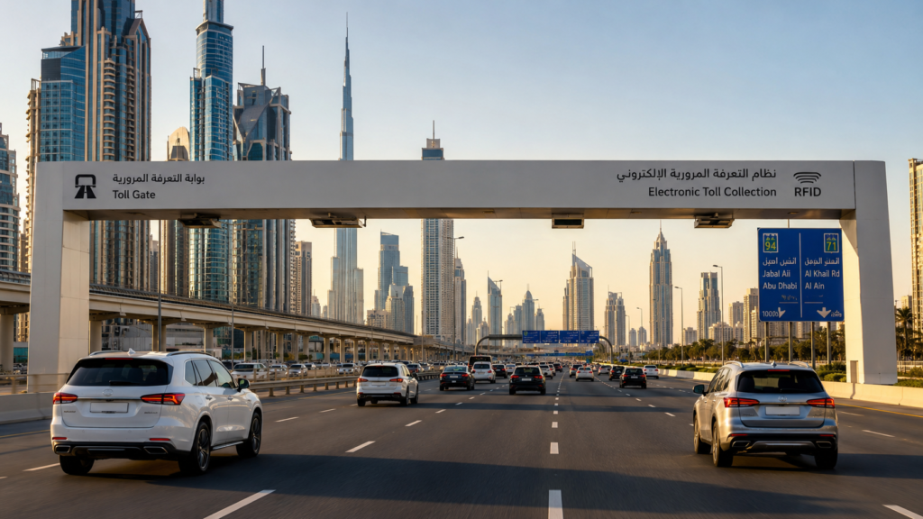Cars pass under a Salik electronic toll gate on a Dubai highway with the Burj Khalifa and skyscrapers in the background
