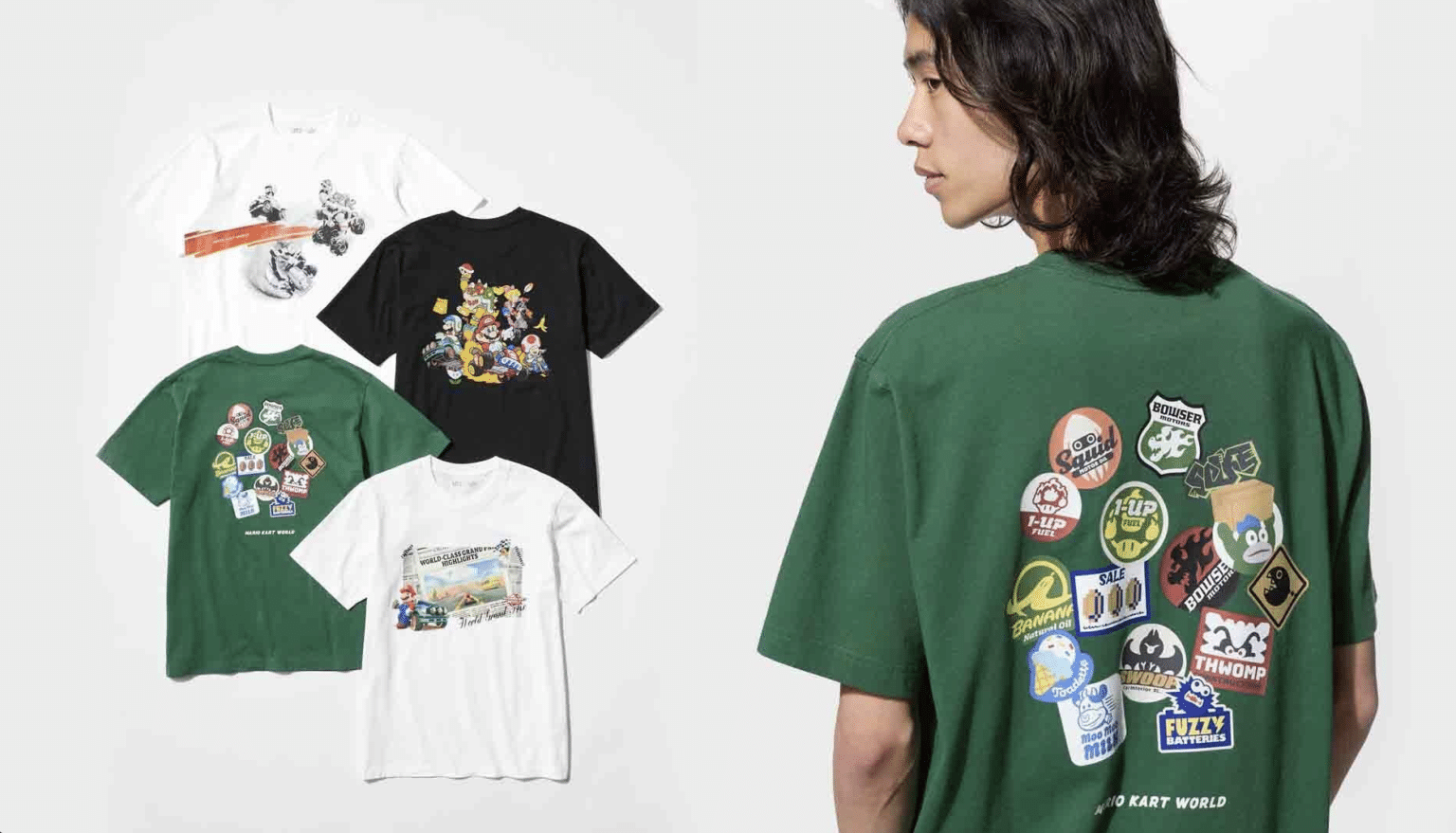 Person wearing a green Mario Kart World T-shirt, with four graphic T-shirts displayed on a white background