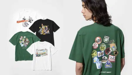 Person wearing a green Mario Kart World T-shirt, with four graphic T-shirts displayed on a white background