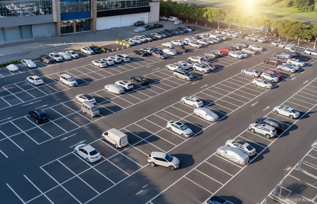 Aerial view of a mostly empty Sharjah Paid Parking lot filled with parked cars and covered vehicles beside a large building