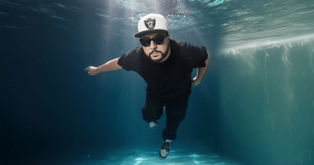 Man underwater wearing a Raiders cap and sunglasses, suspended in blue water with sunlight above