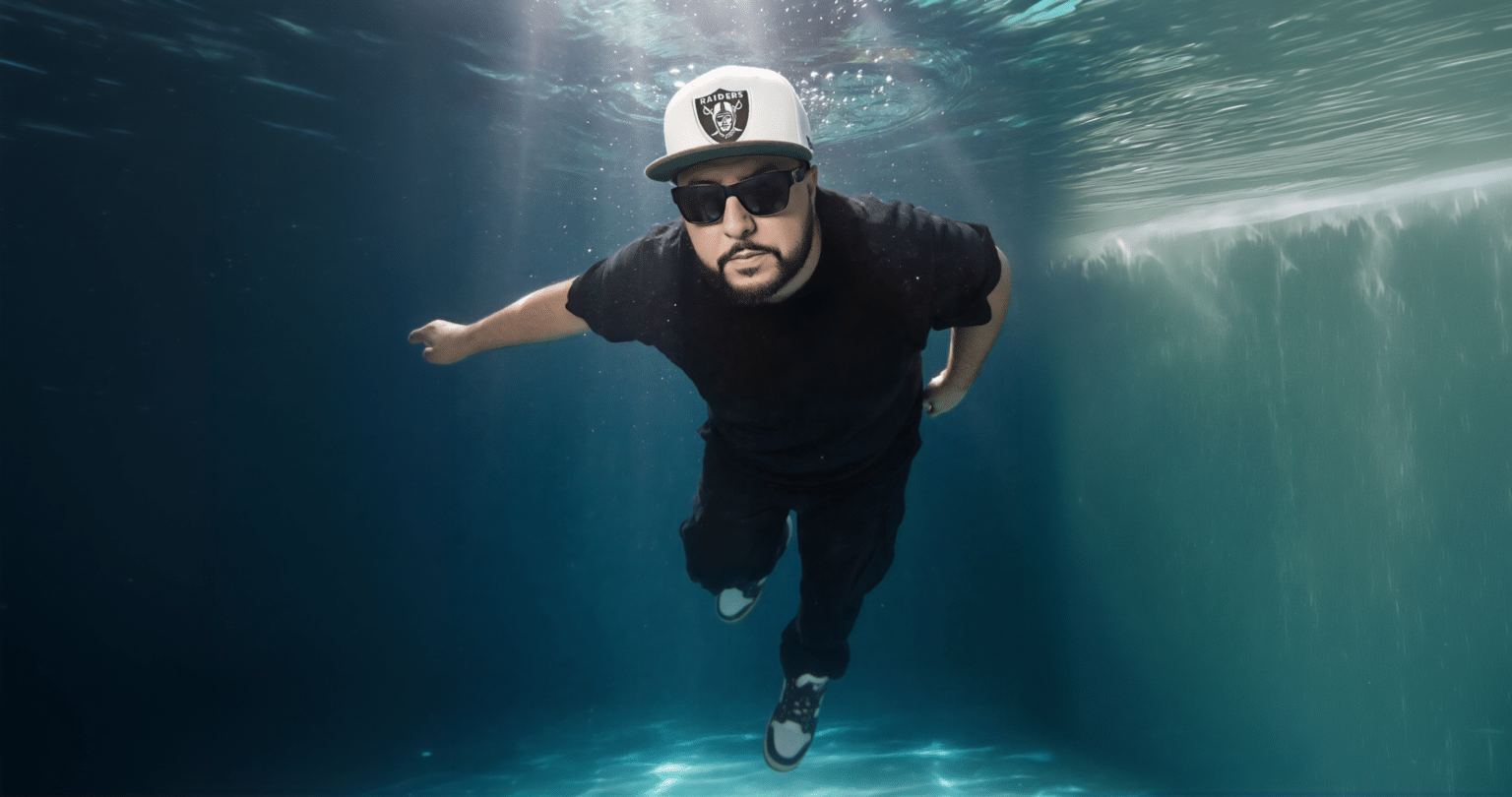 Man underwater wearing a Raiders cap and sunglasses, suspended in blue water with sunlight above
