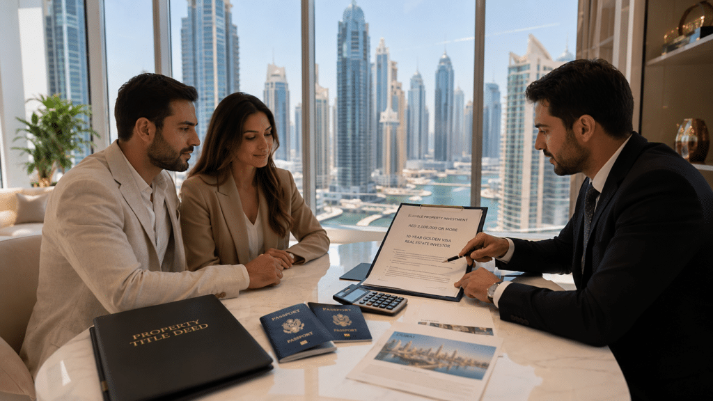 Business meeting over UAE property investment paperwork, with passports, title deed, and Dubai skyline behind them