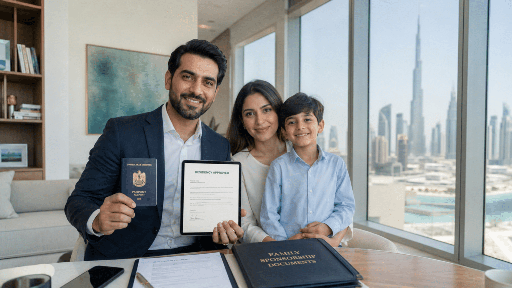 Smiling family in an office holding a UAE passport and residency approval document with Dubai skyline behind them