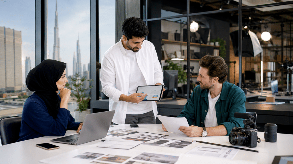 Three coworkers review UAE Golden Visa documents and a tablet in a modern office with a city skyline outside