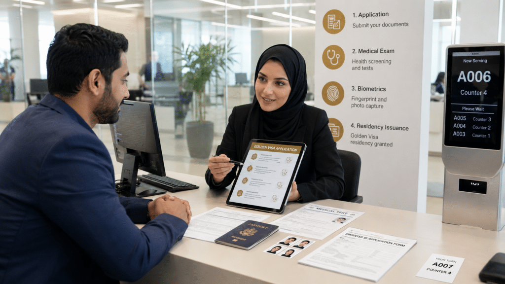 Woman assisting a man with a UAE Golden Visa application at a service counter, with forms, passport, and queue display visible
