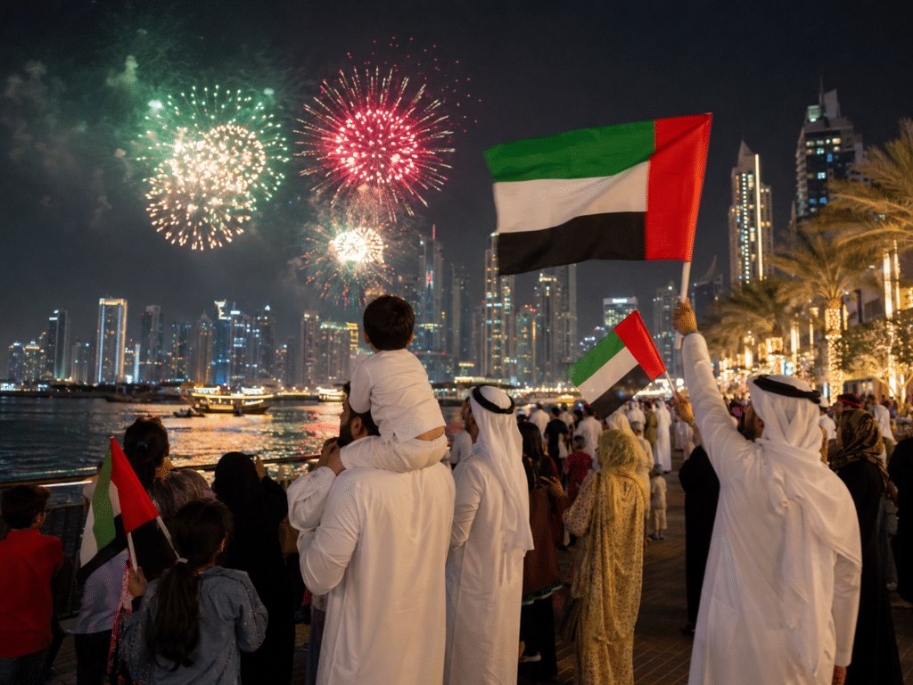Crowd in traditional dress watches UAE Public Holidays 2026 fireworks over a city waterfront, waving UAE flags at night