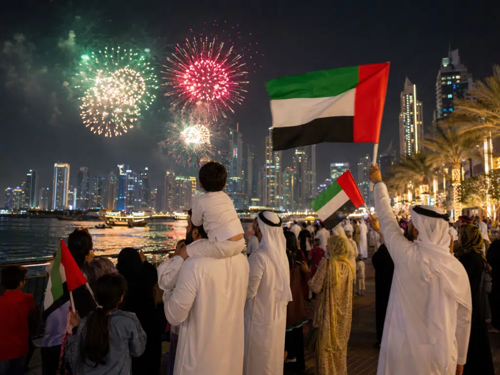 Crowd in traditional dress watches UAE Public Holidays 2026 fireworks over a city waterfront, waving UAE flags at night