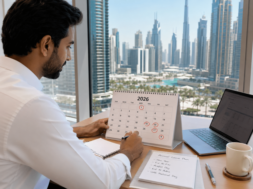Man in an office marking UAE Public Holidays 2026 dates on a 2026 desk calendar beside an annual leave plan and laptop, with a city skyline outside