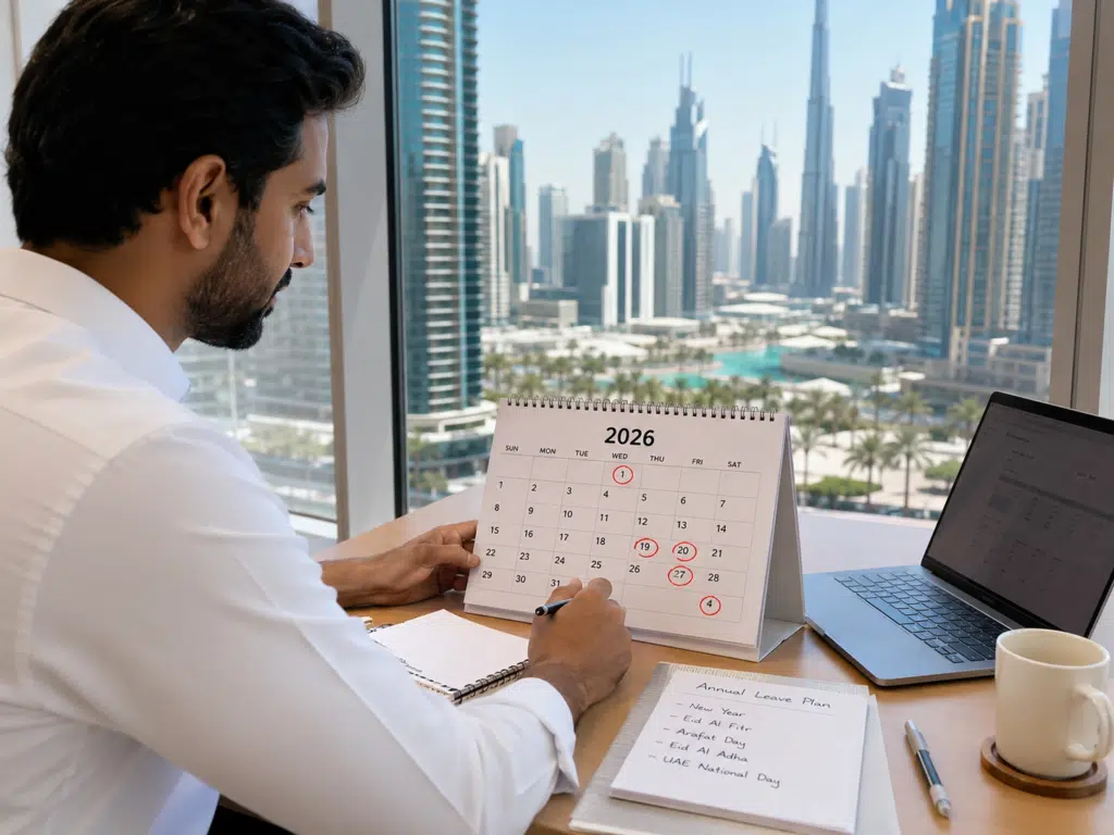 Man in an office marking UAE Public Holidays 2026 dates on a 2026 desk calendar beside an annual leave plan and laptop, with a city skyline outside