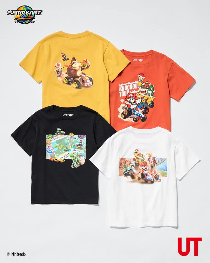 Four UNIQLO UT Mario Kart World graphic T-shirts in yellow, red, black, and white on a white background
