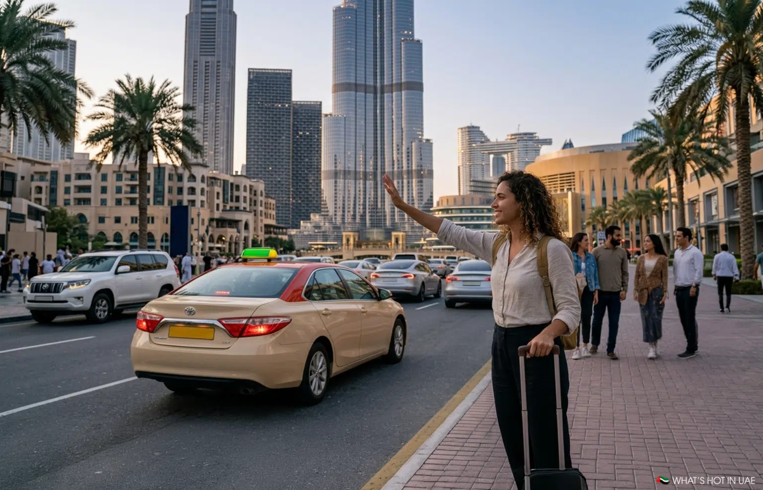 Woman hailing a taxi on a palm-lined city street with skyscrapers and traffic in the background