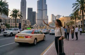 Woman hailing a taxi on a palm-lined city street with skyscrapers and traffic in the background