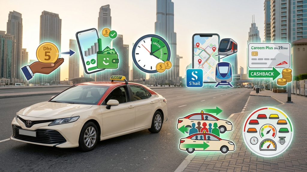 Taxi car on a city road with floating icons for fares, savings, maps, transit, cashback, and ride options
